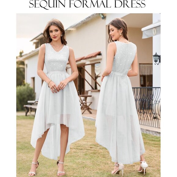 BeryLove Women Tulle Sequin White Chiffon Scoop Neck Sleeveless Cocktail Dresses - Picture 3 of 7